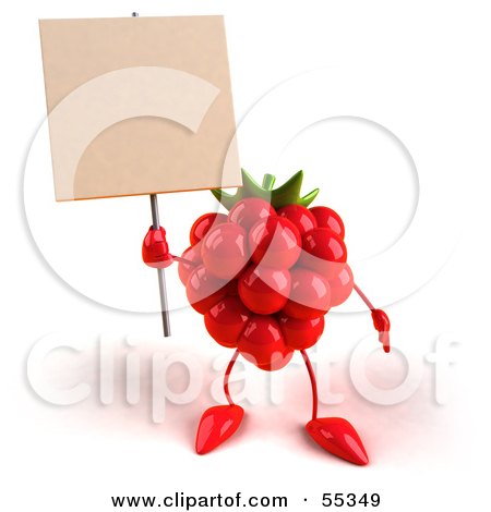 Royalty-free clipart picture of a 3d red raspberry character holding up a 