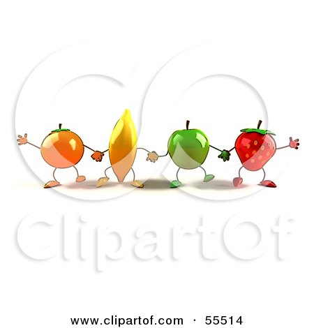  apple and strawberry characters holding hands, on a white background.