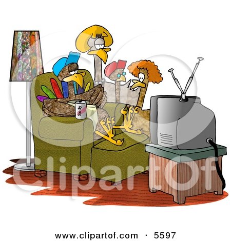 5597-Funny-Turkey-Family-Standing-And-Sitting-Around-Watching-TV-Clipart-Illustration