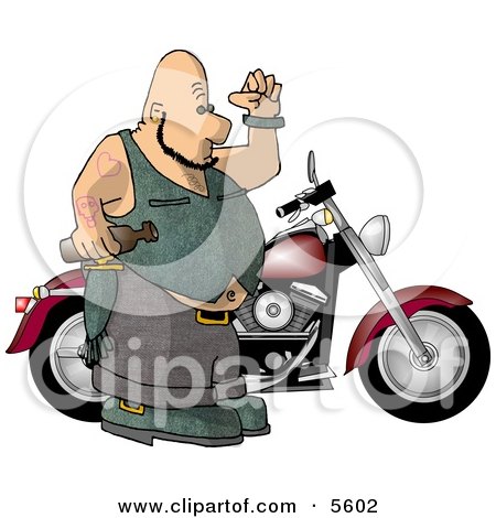 Fat Bald Biker Man Standing Beside His Motorcycle With An Empty Beer Bottle