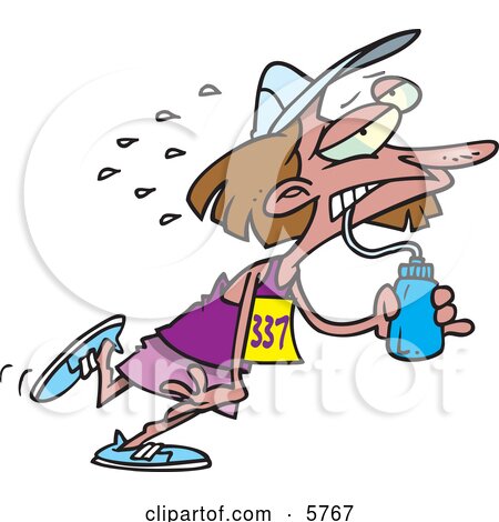 Exhausted Female Marathon Runner Drinking Water Clipart Illustration