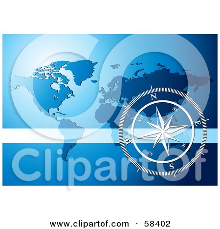 Printposter on Poster  Art Print  Silver Compass Rose Over A Blue World Map By