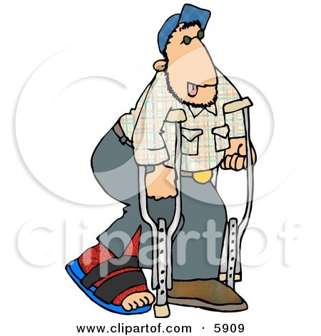 Royalty-free cartoon clipart of a injured man walking on crutches with a 