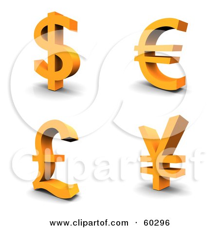 Collage Of Four Orange 3d Dollar, Euro, Pound And Yen Currency Symbols