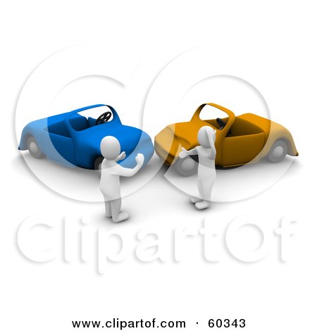 Royalty-free clipart picture of 3d blanco man characters arguing over a car 