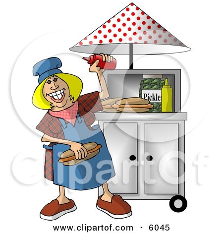 Happy Lady Working at a Portable Roadside Hot dog Stand Clipart Picture