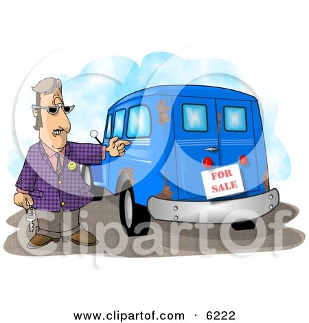 Car Salesman Trying to Sell an Old Rusty Vehicle Clipart Picture by Dennis