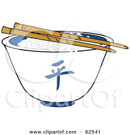 Royalty-free clipart picture of a pair of chopsticks over rice in a white 
