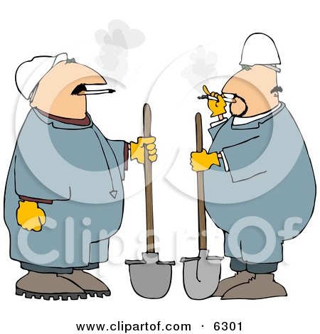 Royalty-free clipart picture of a two workers smoking cigarettes while 