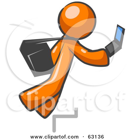 Royalty-free clipart picture of a distracted orange man tripping on steps 