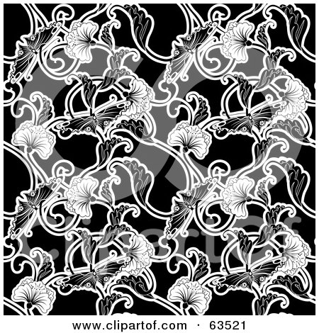 Black And White Flowers Background. Seamless Black And White