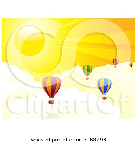  of colorful hot air balloons above the clouds in a yellow sunny sky.
