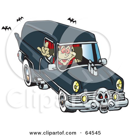Royalty-free clipart picture of a peaceful vampire driving a hearse, 