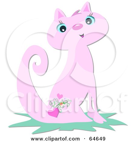 Royalty-free clipart picture of a pretty pink cat with a heart tattoo, 