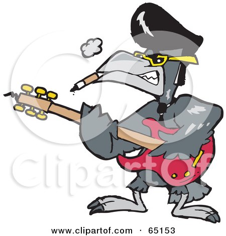  bird playing a guitar and smoking a cigarette, on a white background.