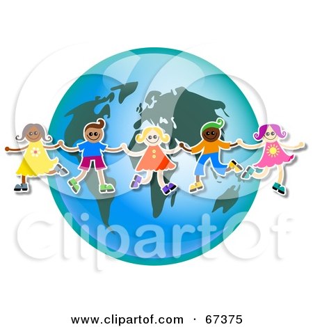 Royalty-free clipart picture of children holding hands in front of a world 