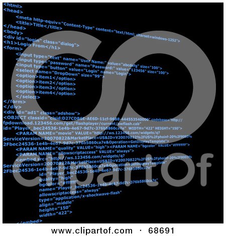 Royalty-free clipart picture of a black background with blue html code 