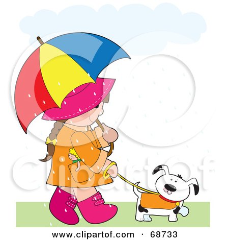 Little Girl Carrying An Umbrella And Walking Her Dog In The Rain Poster, Art Print