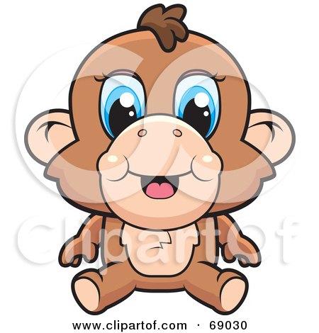 Cute Cartoon Animals With Big Eyes. Cute Baby Monkey With Blue