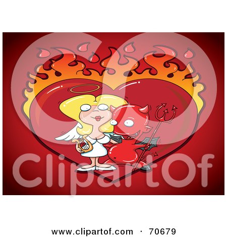 Naughty Devil With His Angel Girlfriend In Front Of A Flaming Heart by 