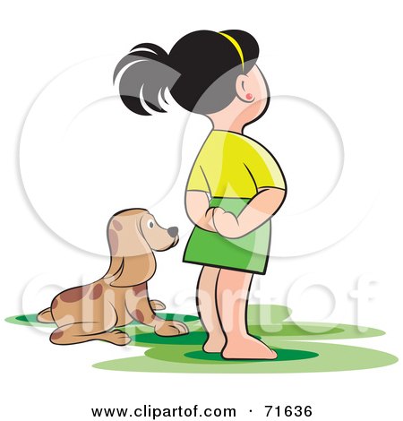 Royalty-free clipart picture of a girl standing beside her puppy, 