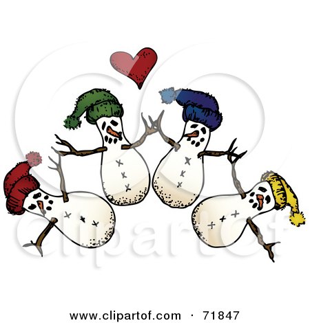  a group of snowmen holding hands under a heart, on a white background.