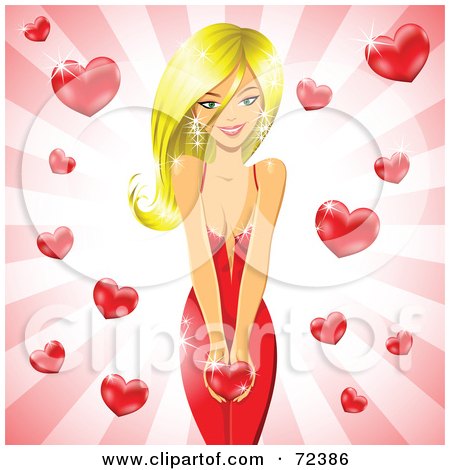 Royalty-Free (RF) Clipart Illustration of a Stunning Blond Woman In A Red Dress, Holding A Heart Over A Bursting Heart Background