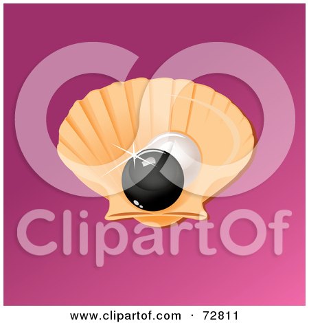 Royalty-free clipart picture of a black pearl in an orange oyster over pink.