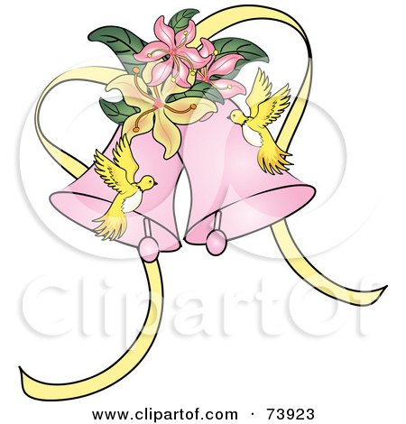  RF Clipart Illustration of Yellow Doves And Lilies With Wedding Bells
