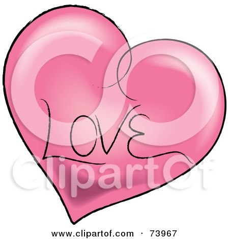 Royalty-free clipart picture of a pink heart with a black outline and love 