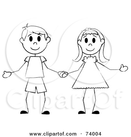  black and white stick boy and girl holding hands, on a white background.
