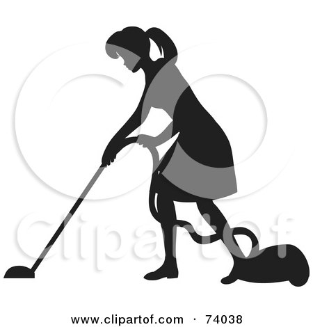 Royalty-Free (RF) Clipart Illustration of a Black Silhouetted Maid Woman Vacuuming A Floor by Rosie Piter