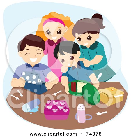 Royalty-free clipart picture of a group of happy kids unpacking their lunch 