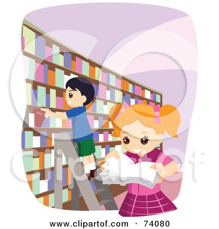 Royalty-free clipart picture of a school girl and boy picking books in a 