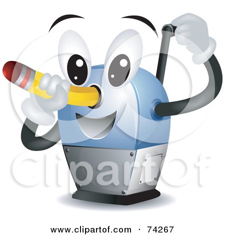 Royalty-free clipart picture of a pencil sharpener character sharpening a 