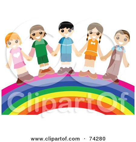 Royalty-free clipart picture of a group of happy children holding hands and 