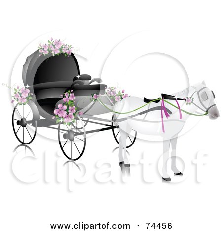 Royalty-free clipart picture of a white horse pulling a wedding carriage 