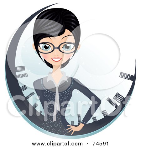 Royalty-Free (RF) Clipart Illustration of a Professional Businesswoman In A Circle Of Skyscrapers