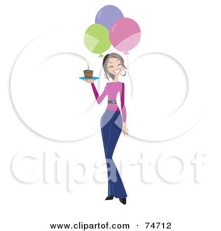 Birthday Cake Clip  on Birthday Woman Carrying A Slice Of Cake And Walking By Balloons By