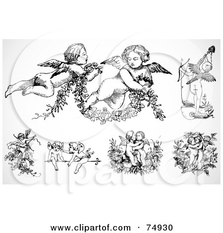 Angel Coloring on Digital Collage Of Black And White Baby Angels Or Cupids By Bestvector