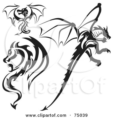 Royalty-free clipart picture of a digital collage of black and white dragon 