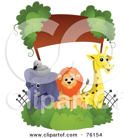 Royalty-free clipart picture of a bird, elephant, lion and giraffe zoo 