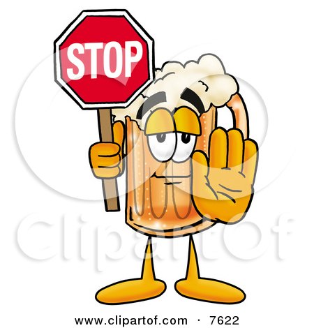 Clipart Picture of a Beer Mug Mascot Cartoon Character Holding a Stop Sign