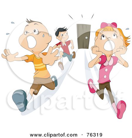 Royalty-free clipart picture of a scared girl and boys running from a door, 