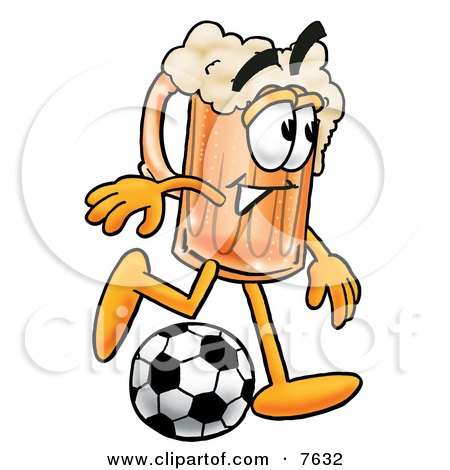 Clipart Picture of a Beer Mug Mascot Cartoon Character Kicking a Soccer Ball