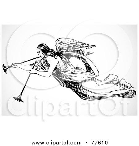 Preview Clipart   Black And White Angel With Two Trumpets by BestVector