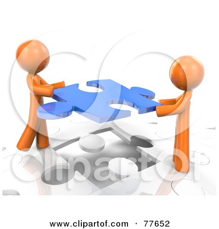  of Two 3d Orange Factor Men Inserting A Blue Piece Into A Jigsaw Puzzle 
