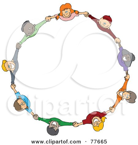Circle Of Diverse Happy Cartoon Children Holding Hands And Looking Up Poster 