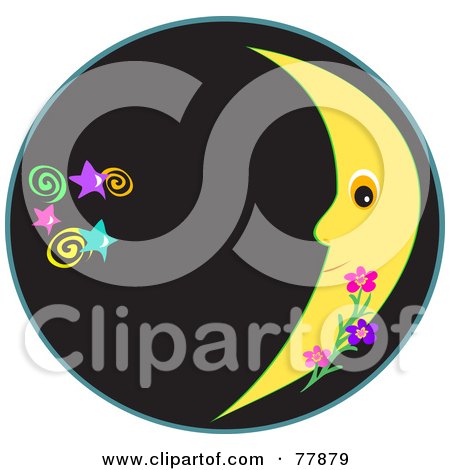 Clipart Illustration of a Crescent Moon With Green Tattoo Designs And Hearts