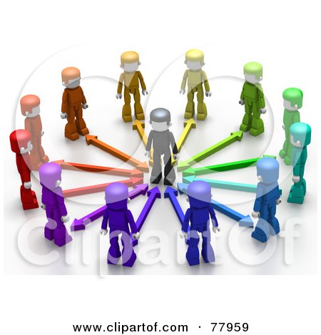 Royalty-Free (RF) Clipart Illustration of Colorful 3d People With Arrows, Surrounding A Person
